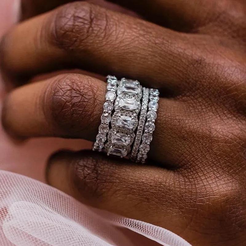 

Huitan Gorgeous Women Wedding Rings 4Pcs Set Modern Fashion Female Rings for Engagement Party Sparkling CZ New Trendy Zircon 6