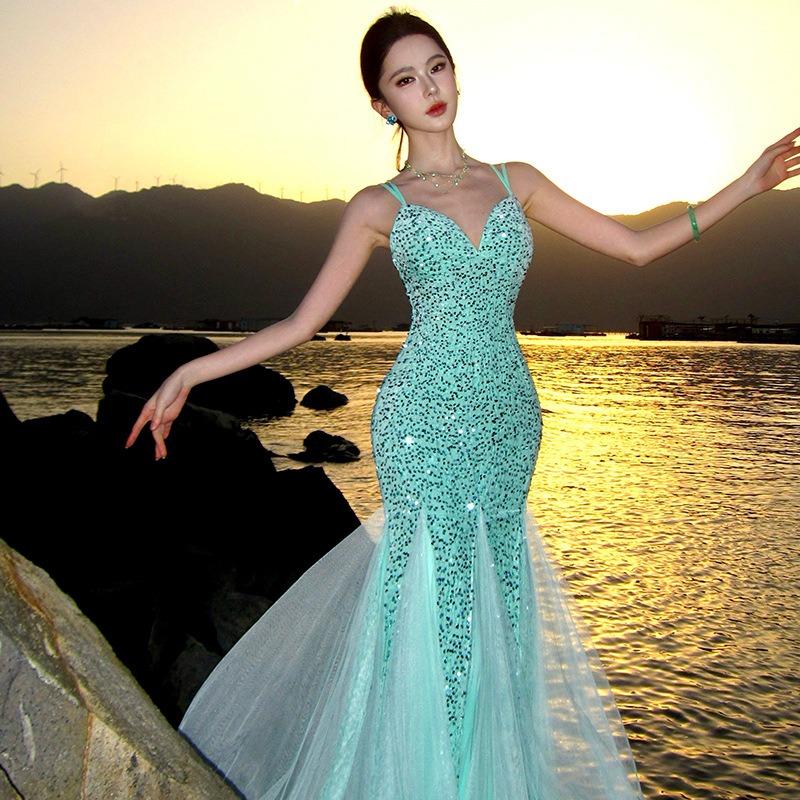 French Sexy Retro Sequin Dress Women's Suspender Waist Fishtail Dress Birthday Party Dress Long Skirt
