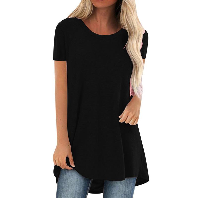 Women's Solid Color V-Neck Short Sleeve Longline T-Shirt Casual Loose Fit Summer Basic Tee Top Plus Size S-5XL