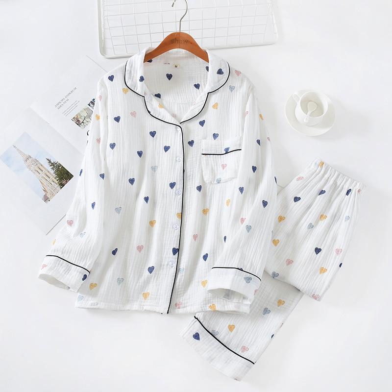 Spring New Ladies Pajamas Set Heart Printed Crepe Cotton Double-layer Gauze Turn-down Collar Long-sleeve Trousers Household Wear