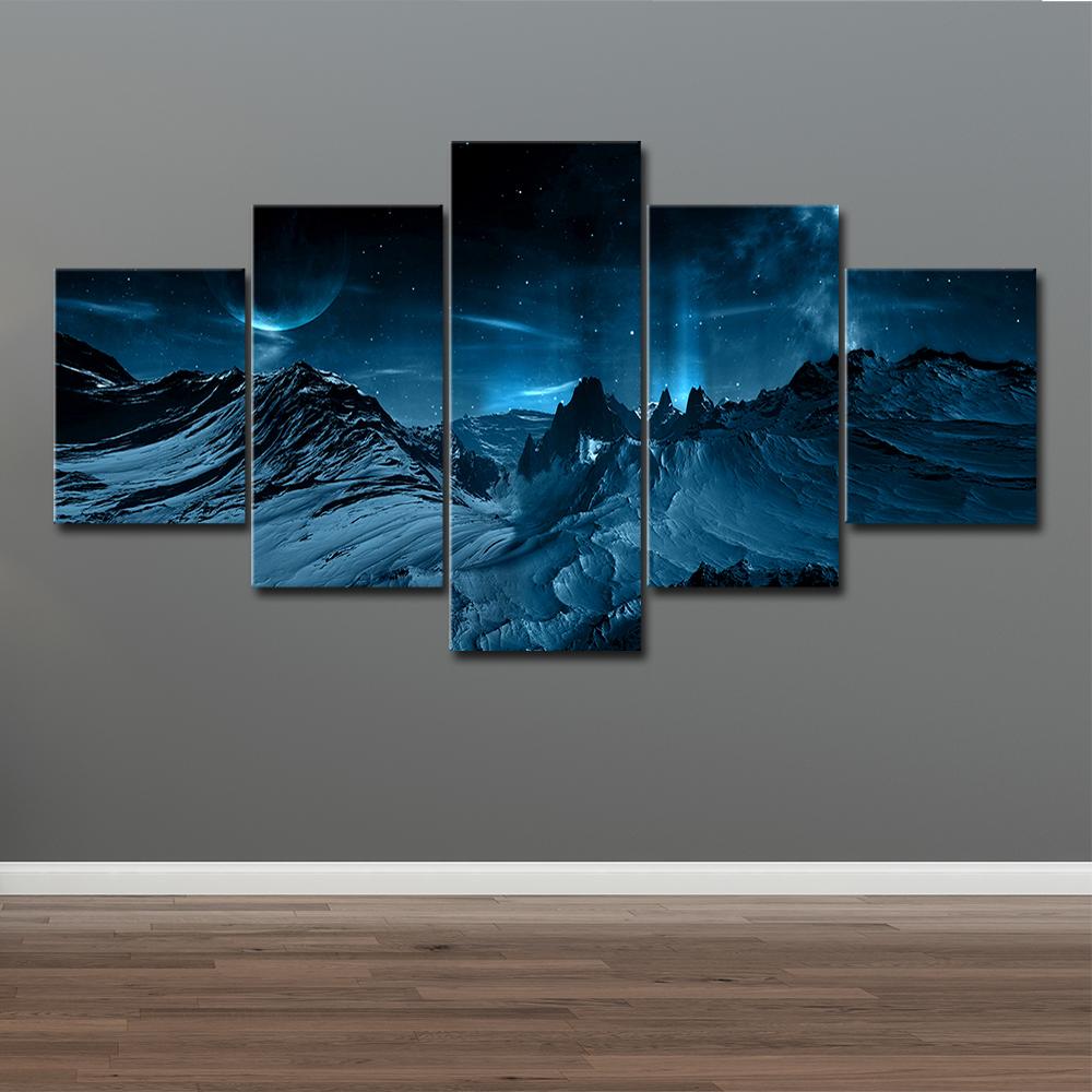 Canvas Painting Wall Art Home Decor  5 Pieces Blue Aurora Borealis Snow Mountain Modern HD Printed Night Scene Pictures