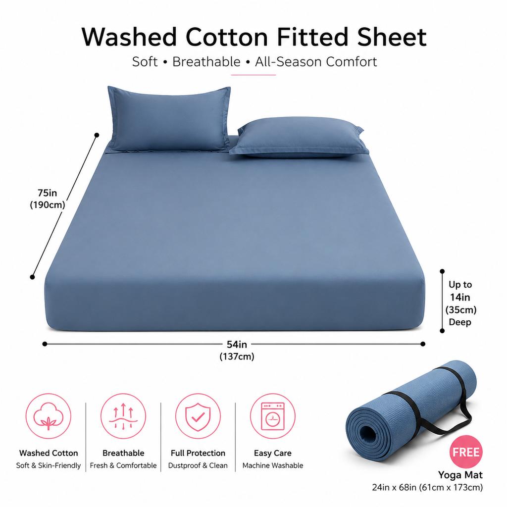 Brushed Washed Cotton Fitted Sheet, All Seasons Full Wrap Mattress Protector Cover with Pillowcase, Dustproof Anti-Dirty Bed Linen