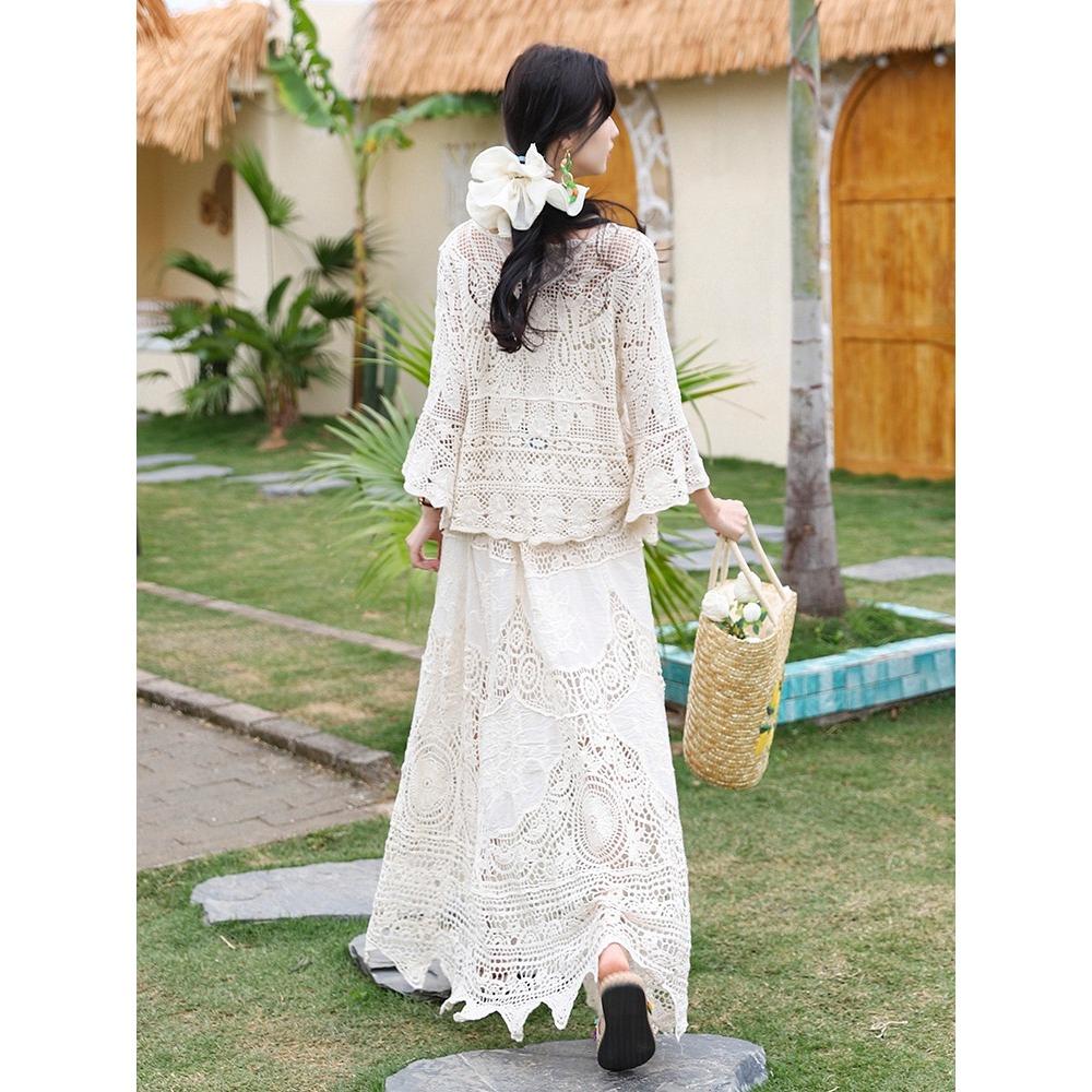 DIMANAF 2025 Women New Suit Skirt Knitting Beach Short Sleeve Lace Hollow Out Sexy O-Neck Hollow Summer Style Tops Tees Loose Basic