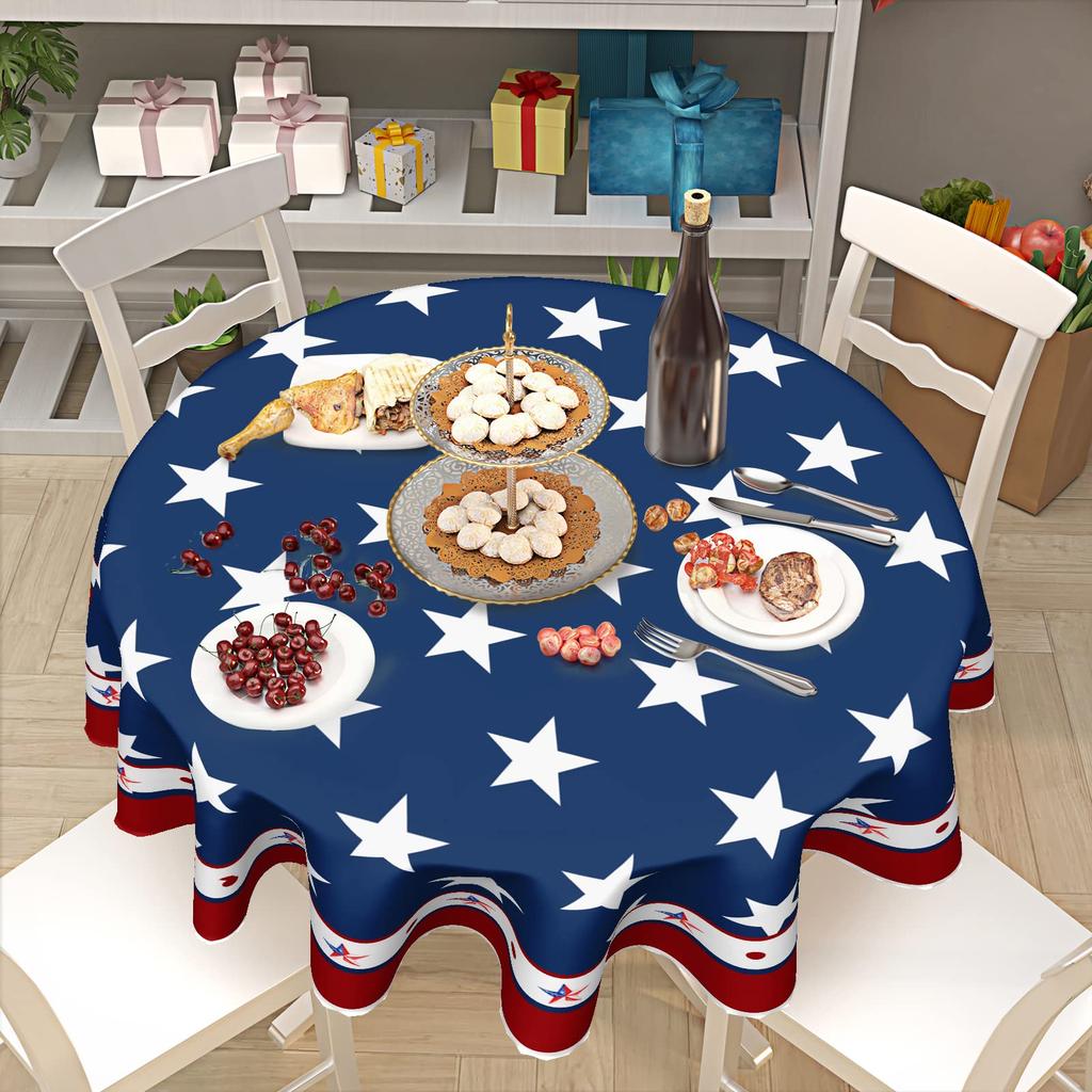 Round Tablecloth Star Patterned Polyester Fabric with Decorative Border for Dining Parties and Events Use