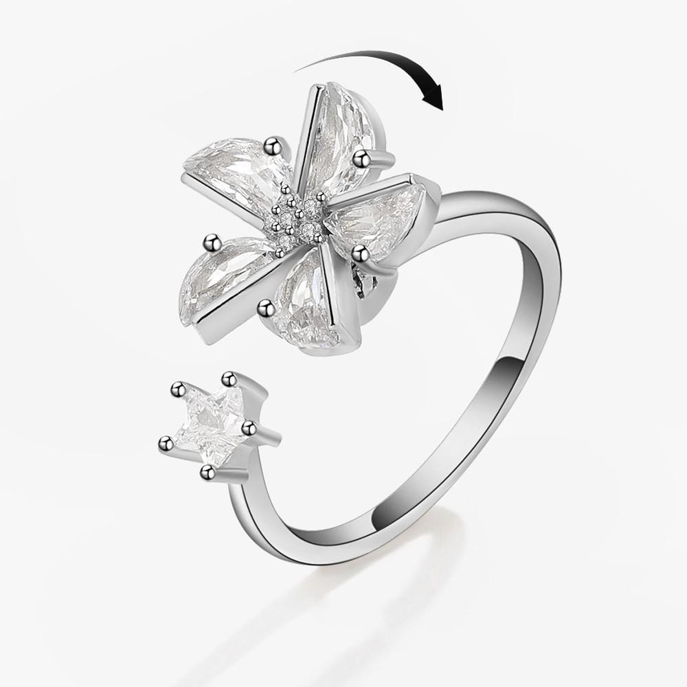 Smjel Crystal Flower Anxiety Relief Ring For Women Adjustable Open Fidget Spinner Anti-Stress Relaxing Decompression Ring