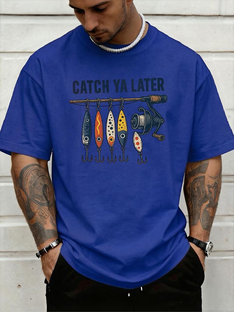 Retro Fishing Rod Bait Lure Catch Ya Later Slogan Graphic Print Unisexs Crew Neck Short Sleeve Tee Casual Daily Soft Basic Wear Top