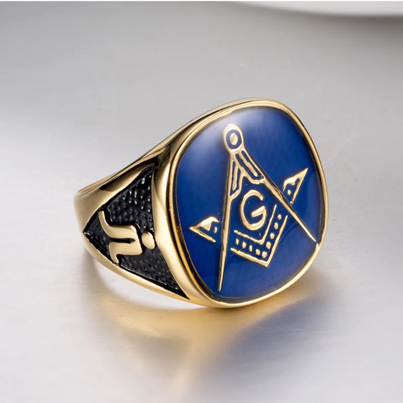 Anello Massonico Blu Oro Vintage Acciaio al Titanio Punk Retro Hip Hop Gioielli Fratellanza per Uomini Accessori Massonici
