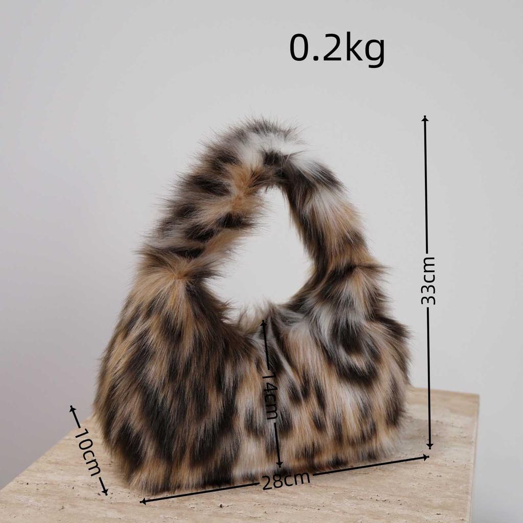 Leopard Plush Women's Hobos Underarm Bag Girls Furry Clutch Shoulder Bags Luxury Faux Fur Female Fluffy Small Handbags
