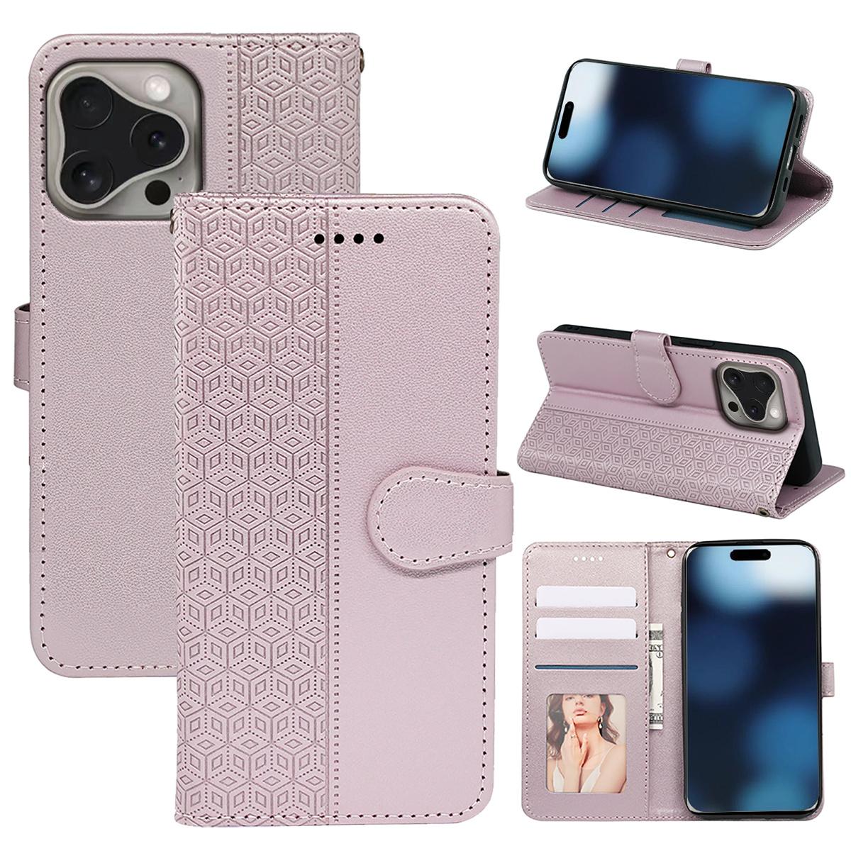 

For iPhone 16 Pro Case Cubic Grid Flip Wallet Leather Phone Cover Rose Gold