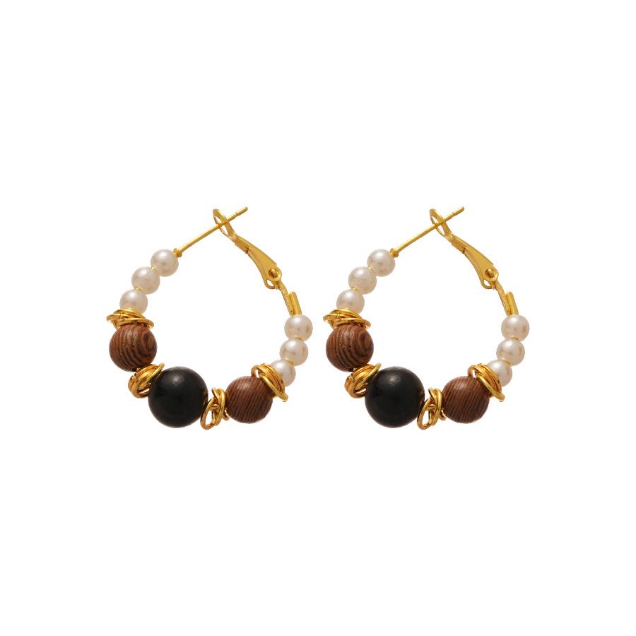Silver Needle Faux Pearl & Wood Beaded Ear Hoops - Autumn/Winter High-End Niche Earrings for Women