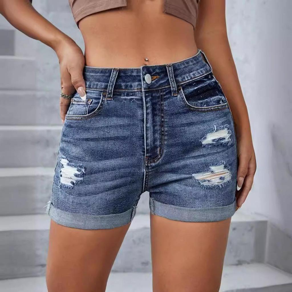 European & American High Waist Ripped Stretch Denim Shorts for Women