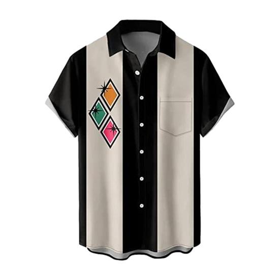 Single-breasted Poker Print Short Sleeve Contrast Color Patch Pocket Pullover Loose Mid Length Casual Top