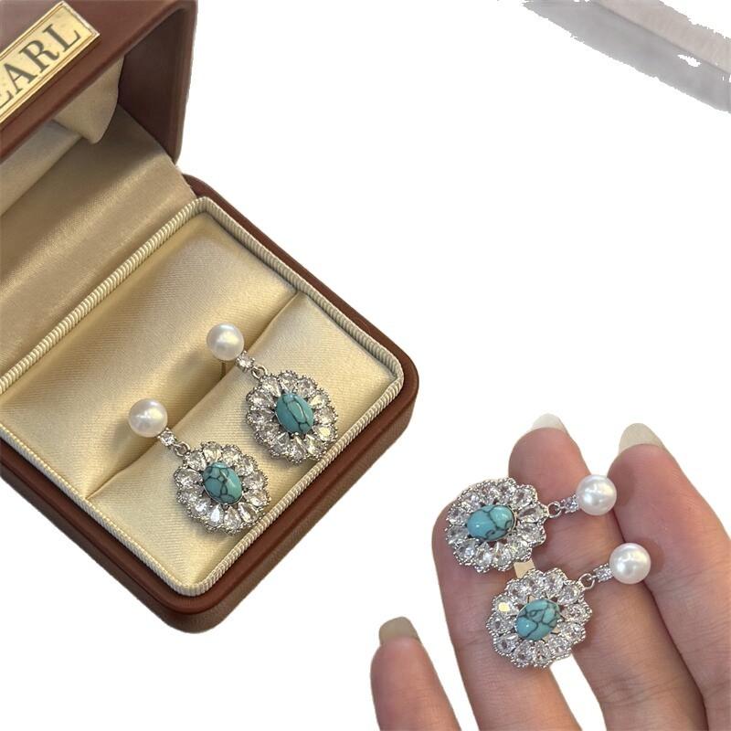 Yuhé New Pearl Earrings with Sparkling Cubic Zirconia and Blue Turquoise S9Silver Needle Old Money Style Light Luxury High-End Earrings