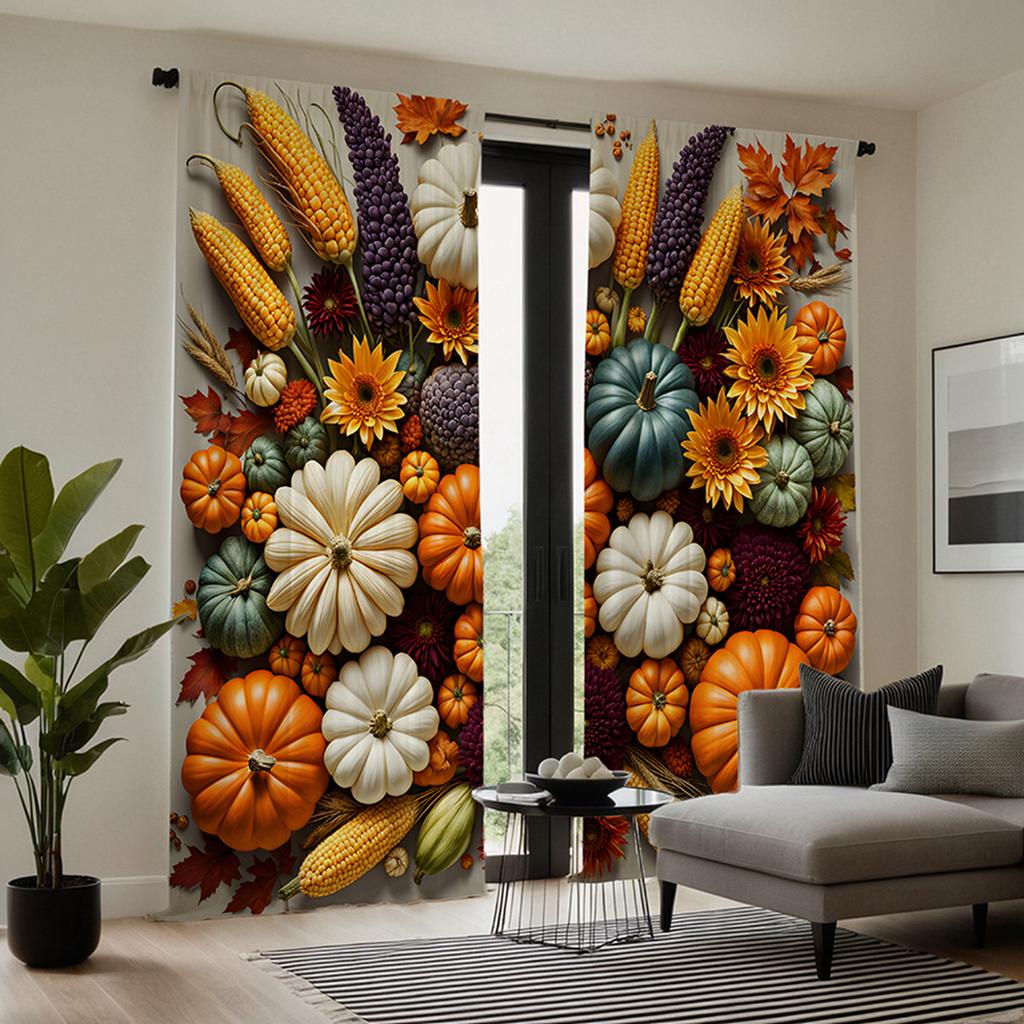 2 Stück HD Erntefest Kürbis Mais Sorghum dekorativer Vorhang Gelber Bindeband Digital bedruckter Vorhang Heimdekorationsstil Dez