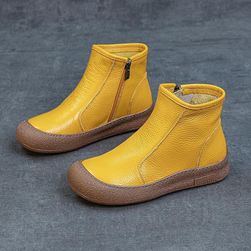 First layer cowhide high-top women's leather flat heel soft sole comfortable side zipper round head new short wool warm