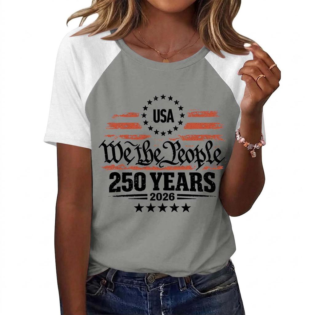Women Fashion Printed T Shirt USA We The People 250 Years 2026 Graphic Tee Casual Short Sleeve Top Soft Comfortable Fit