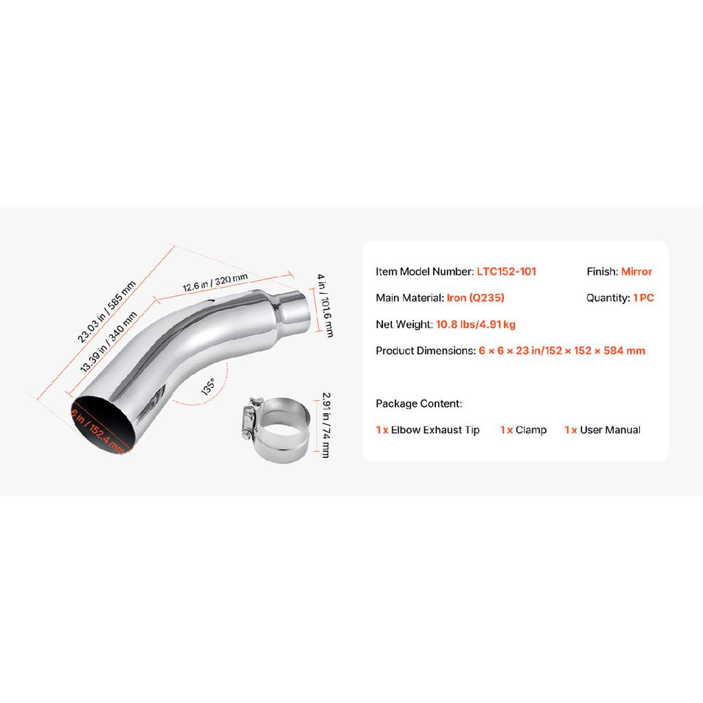 SucceBuy Elbow Exhaust Tip Chrome Turn Down Exhaust Tip w/ Clamp for Truck Car Chrome Structure for High Temperature Resistance