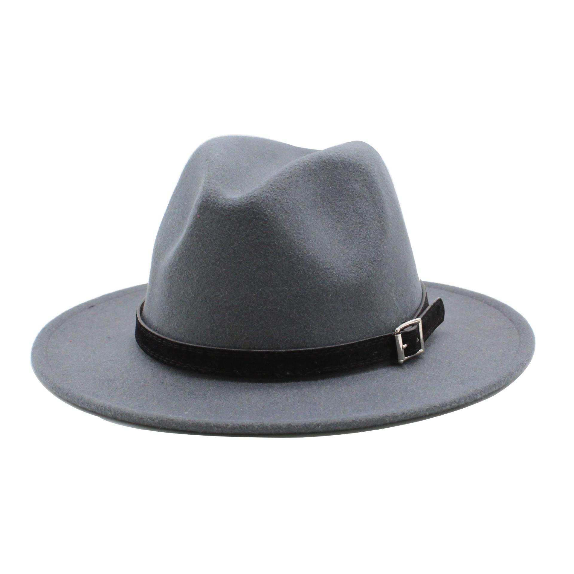 

Металлическая простая черная поясная шляпа с плоскими полями и большим краем, универсальная шерстяная шляпа в стиле джаз L(59-61cm）