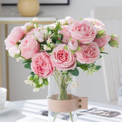 Realistic 5-Head Artificial Peony 4 Buds Silk Flower Bouquet Lifelike Faux Flower with for Vase Wedding Bouquets DIY