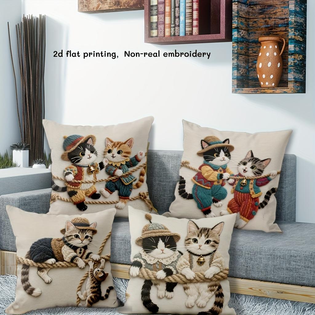 1/4 pz. Carini Copricuscini Decorativi Vintage con Amici Gatti, Adorabili Gatti su Corda, Federe Decorative per Cuscini in Stile Rustico