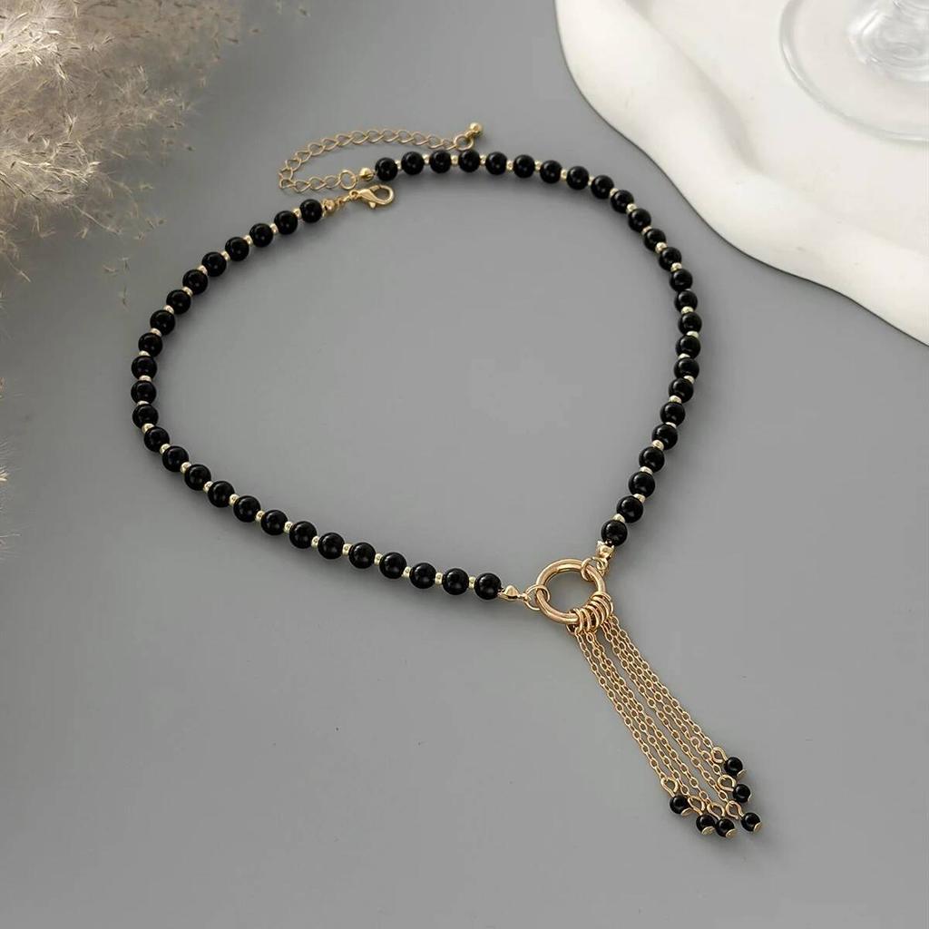 SHIXIN Exquisite Elegant Black Acrylic Beaded Tassel Pendant Chokers Necklace Women Trendy Metal Clavicle Chain Wedding Jewelry