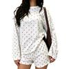 Women's Striped Pajama Set with Loose Fit Round Neck Long Sleeve Top and Elastic Waist Shorts