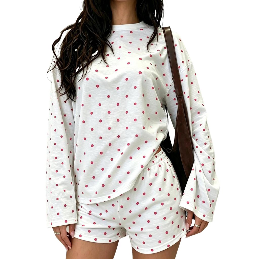 Women's Striped Pajama Set with Loose Fit Round Neck Long Sleeve Top and Elastic Waist Shorts