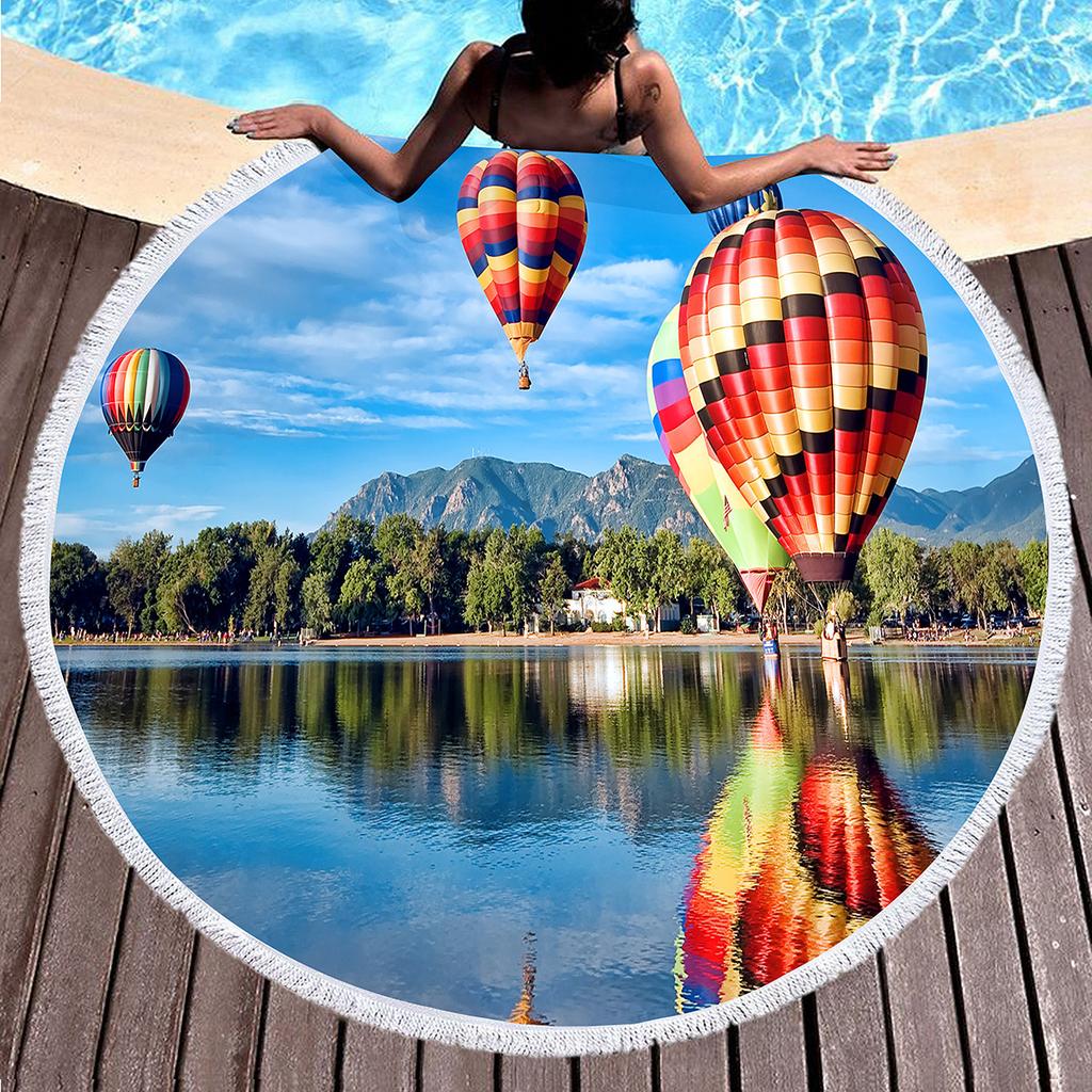 Romantic Round Beach Blanket,Hot Air Balloon Print Beach Towel,Anti-Sand Absorbent Quick-drying Pool Towel,Portable Picnic Mat