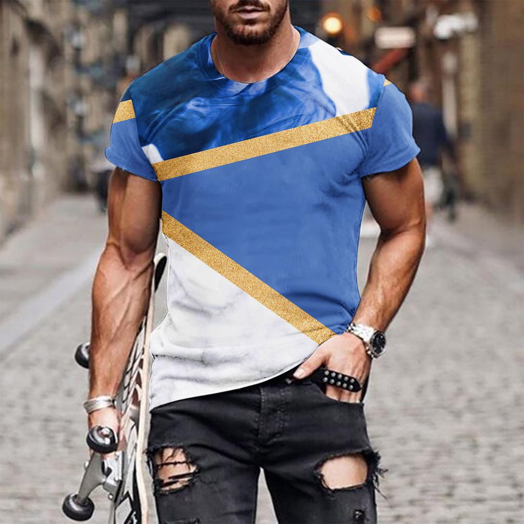 New 3D Splicing Men's Summer Short Sleeved Round Neck Pullover Plus Size Top Casual and Personalized Holiday Polyester T-shirt