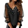 Ladies Spring and Summer New V-neck Beaded Mesh Long-sleeved Loose Elegant Fashionable Top
