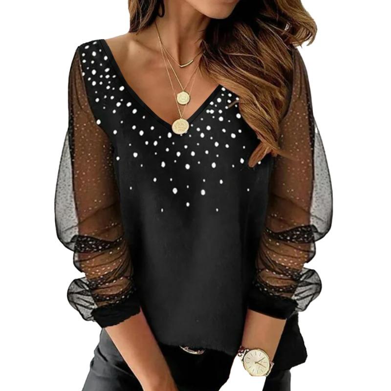 Ladies Spring and Summer New V-neck Beaded Mesh Long-sleeved Loose Elegant Fashionable Top