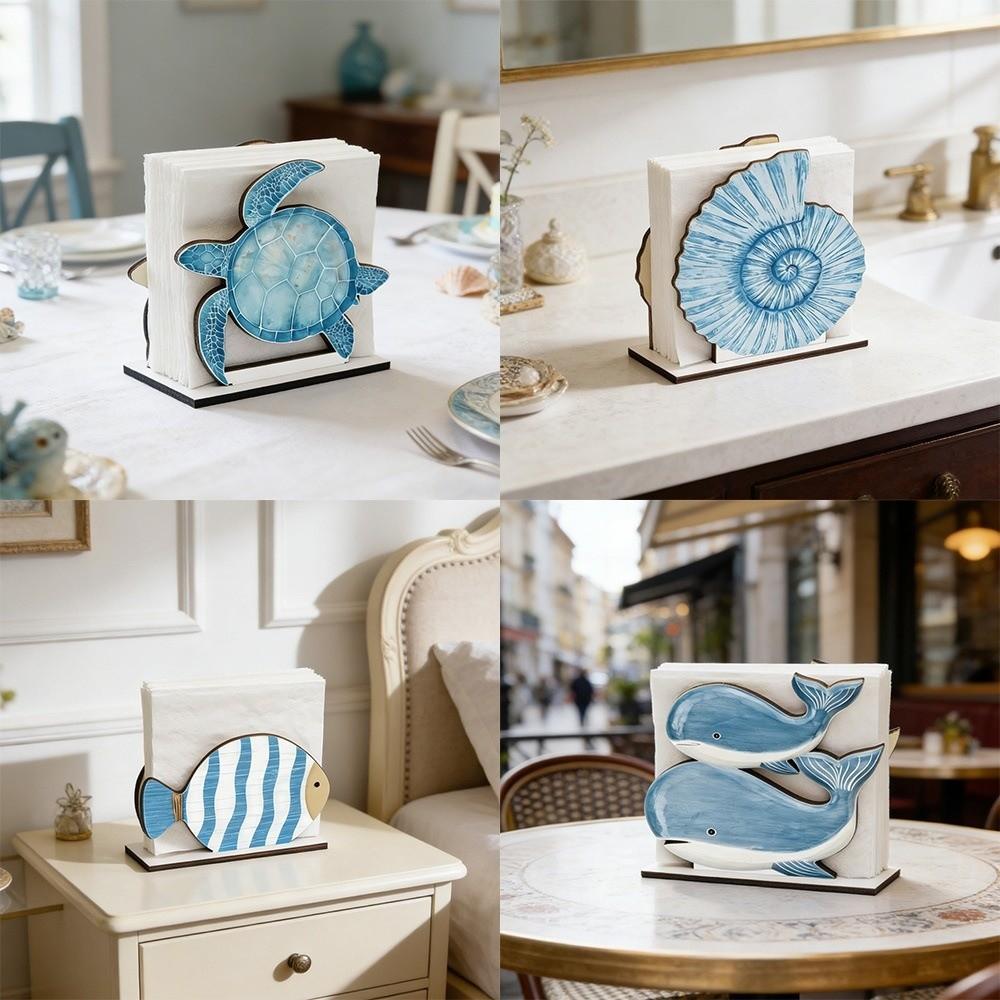 Creative Ocean Theme Wooden Napkin Holder Fish Shaped Decorative Desktop Ornament Large Capacity Tissue Dispenser Outdoor Use