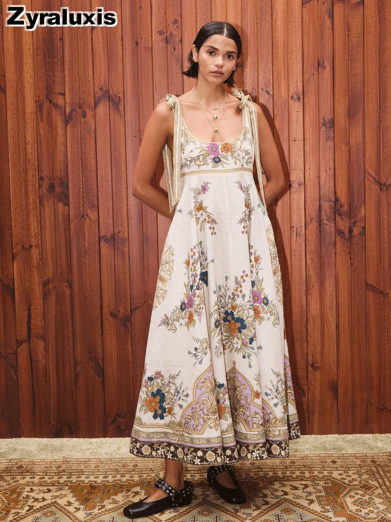 Lässiges Mode Leinen Bedrucktes Bindeband Raff Kleid