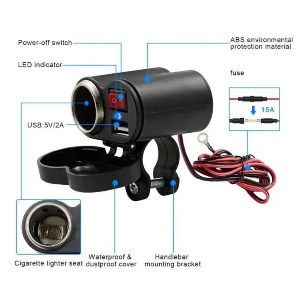 12V Motorcycle Handlebar USB Charger Waterproof Cigaret-te Lighter Socket with Switch for Cellphones Mobile Tablets GPS