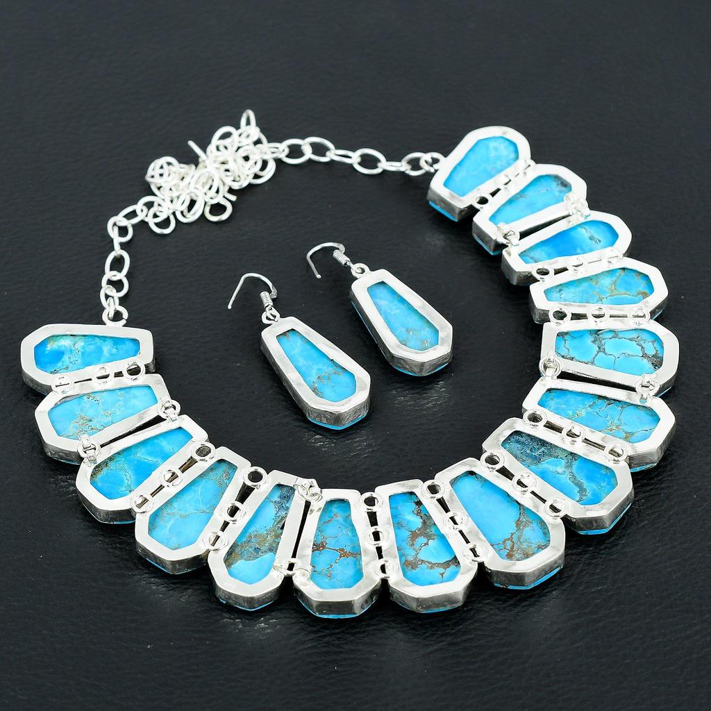 Bohemian Blue Turquoise Statement Necklace and Earrings Set Handmade Silver Plated Jewelry Set for Women Ethnic Tribal Style Jewelry