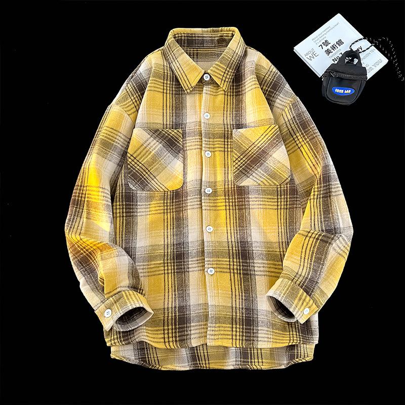 Podzimní a zimní košile v hongkongském stylu Volný kabát Broušená košile s dlouhým rukávem Spadlá ramena Všestranná kostkovaná bunda