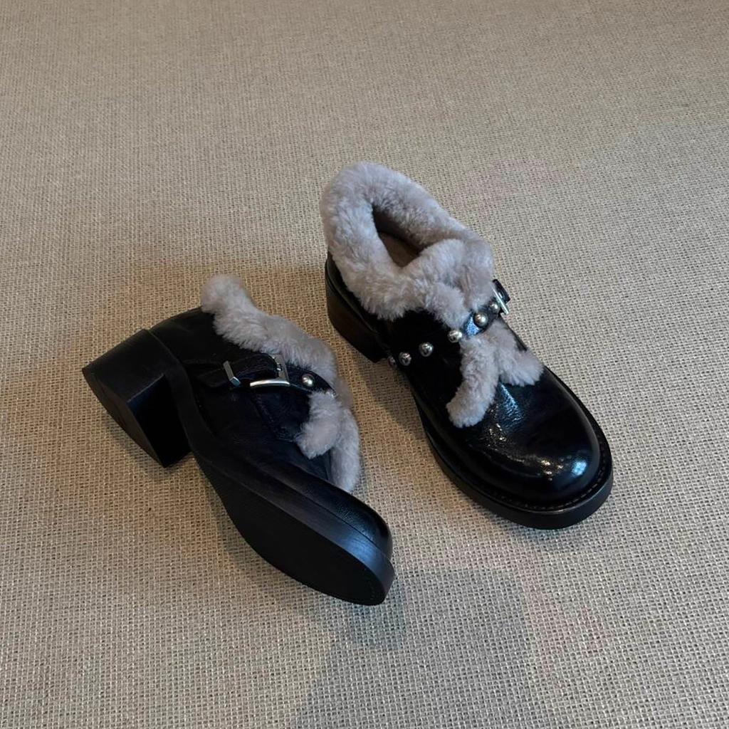 Women's Lightweight Thick-Sole Winter Insulated Snow Boots Leather and Fur Combination Slip-Resistant Durable Casual Athletic Cotton Boots