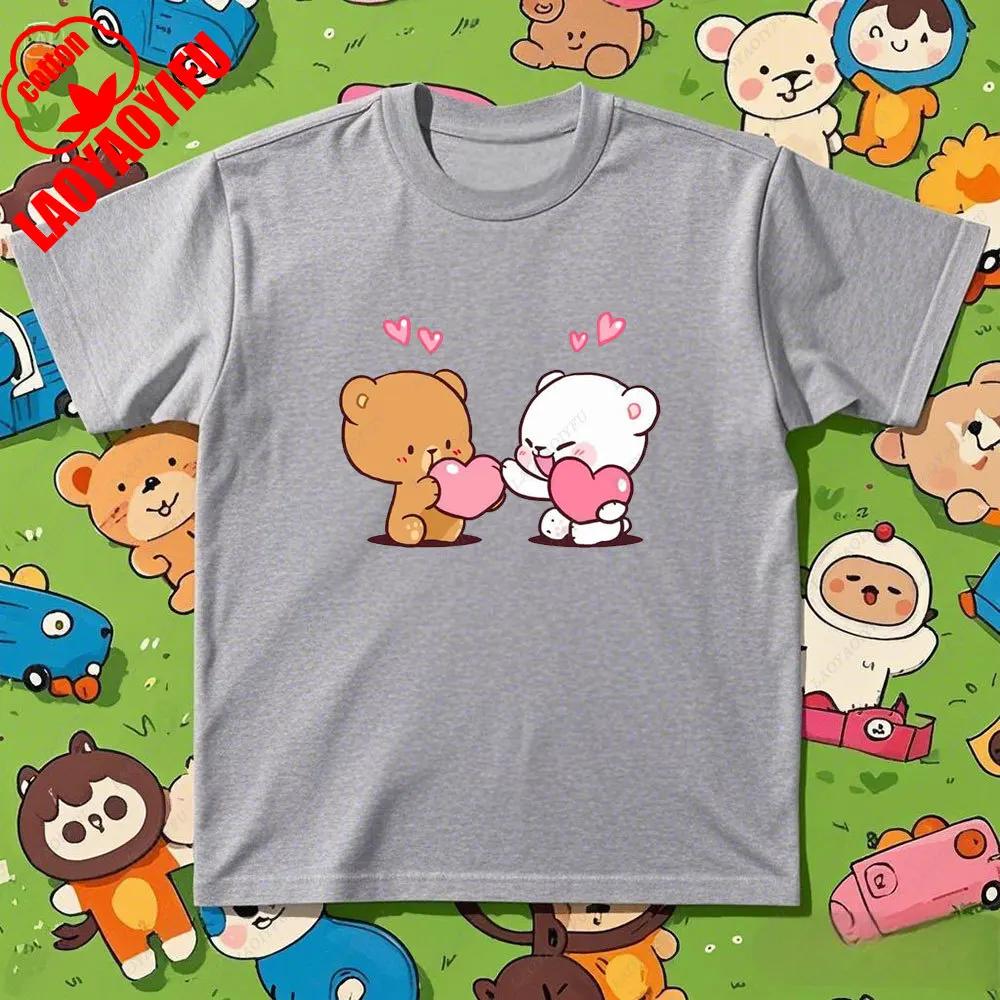 Kawaii Couple Tshirt Matching Milk and Mocha Cartoon Anime Print Cotton Unisex Women TShirt Couple Tee Summer Casual Shirt Tops