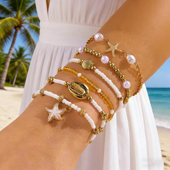 6Pcs Women Bracelet Natural Imitation Pearls Rice Beads Starfish Shell Conch Design Holiday Beach Style Bracelet
