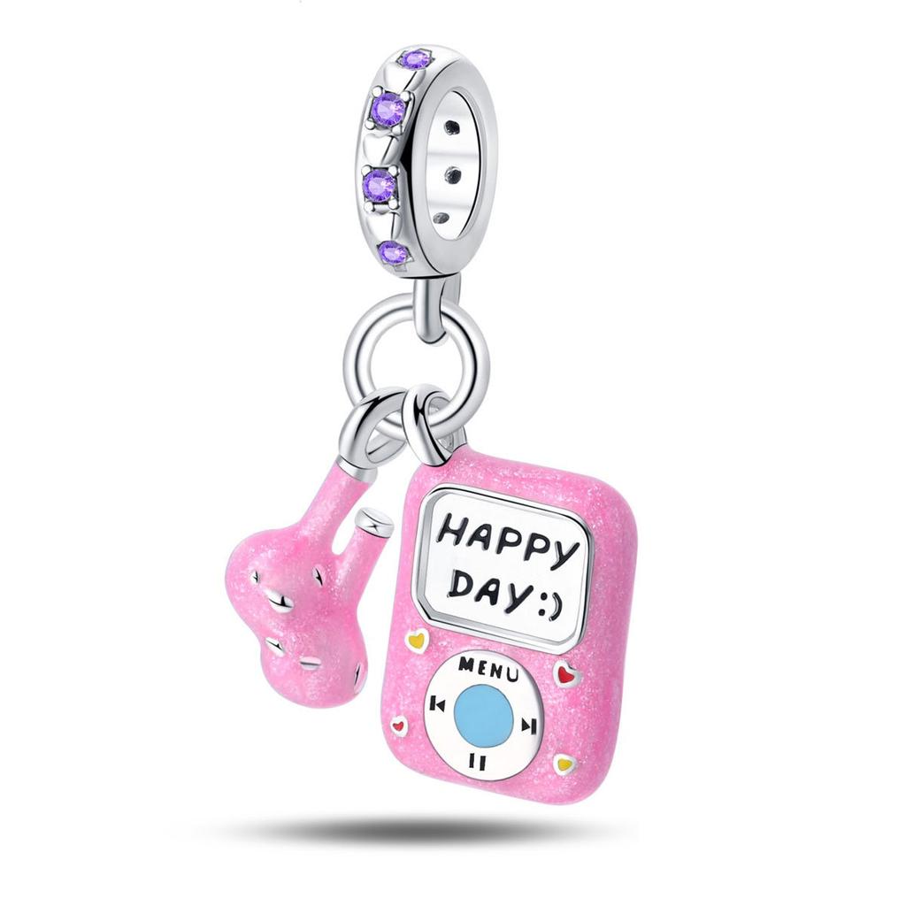 925 Silver Beaded Bracelet Headphones Tape Guitar Saxophone Pendant DIY Style Beaded Jewelry