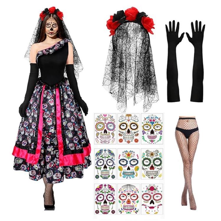 

Day of The Deads Costume Sugar Skull Costume Flower Headbands Fishnet Thigh High Socks Gloves Roses Temporary Tattooed 1