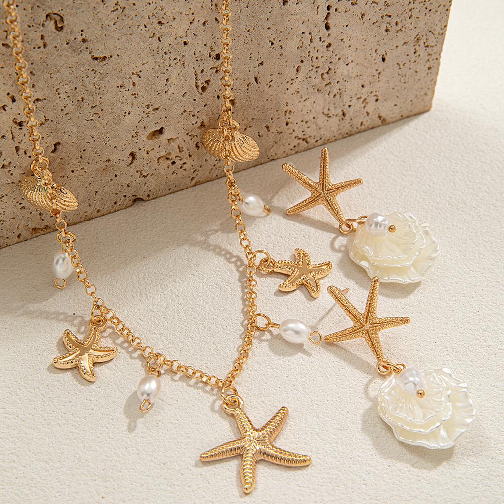 1 Pair of Earrings+1 Necklace Vacation Style Alloy Starfish Shell Pendant Necklace Flower Earrings Versatile Women's Bead Set