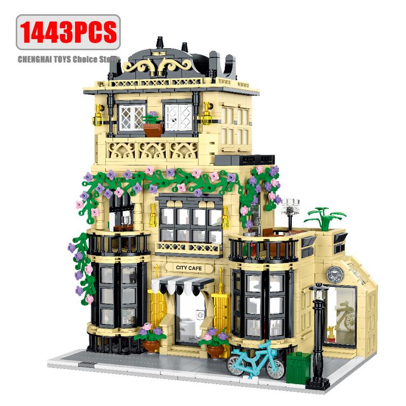 1443-1489Pcs Creative City-Area Cafe High-Standard Light First-Class Streetview Premium-Quality Construction-Set Premium-Quality Assembly-Bricks