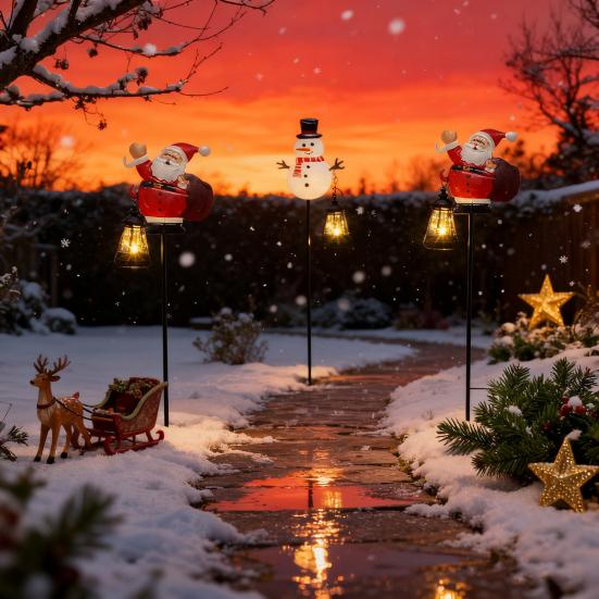 Solar Christmas Lawn Light Outdoor Lighted Santa Claus Garden Stake Metal Snowman Sign with Solar Lantern Waterproof Xmas Decor for Front Yard