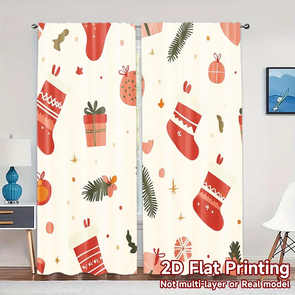 

Set Of 2 Curtains Christmas Bells Gifts Stockings Popular Curtain Fabric Versatile Durable Polyester All Use Made W100*H70(CM)-Rod Pocket&1PCS
