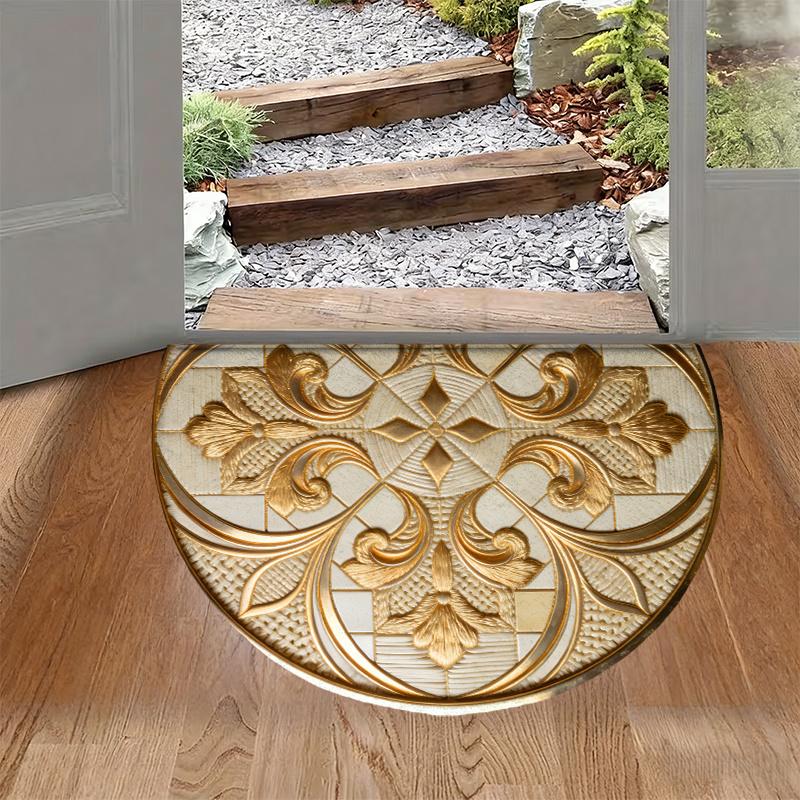 1 Stück Florale Goldene Halbkreis Willkommens-Fußmatte Rutschfest für Außenbereich Terrasse Veranda Küche Badezimmer Eingangsbereich Bodenmatte 50X80CM