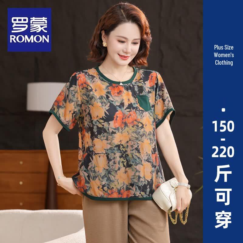 ROMON Women s Summer Floral Print Short Sleeve Top and Pants Set 6XL