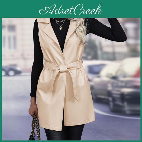 Women Vest Belt With Coat Laceup Waist Turndown Collar Smooth Faux Leather Mid Length