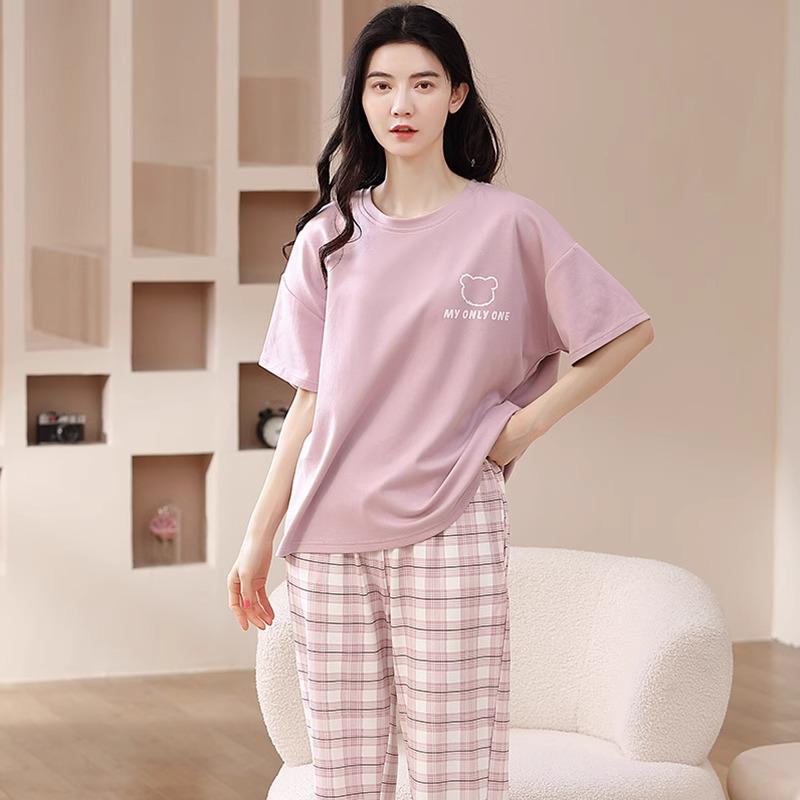 Women's Spring/Summer Cotton Pajama Set - Short Sleeve, Long Pants, Casual Plus Size, Sweet Style, Versatile for Outdoors and Home.