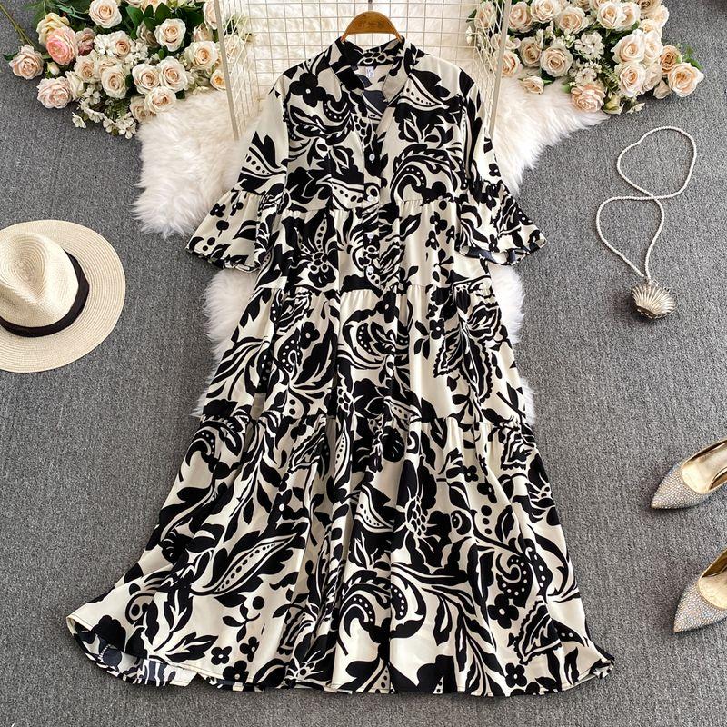 

2024 Summer New Arrival High-Grade Elastic Waist Color V Neck Silm Drape Flab Hiding Loose Sun Protection Large Swing Dress Women Black All yards